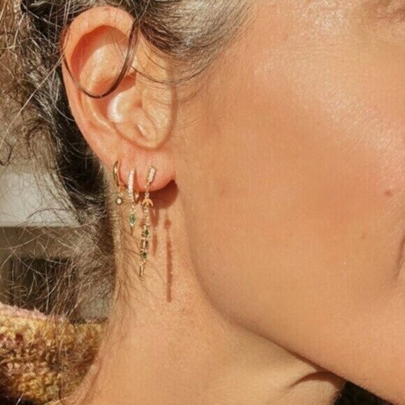 Gorgeous Dangle Earrings Gold w/Green Zircon Moon Celestial Jewelry BEAUTIFUL - Picture 8 of 12